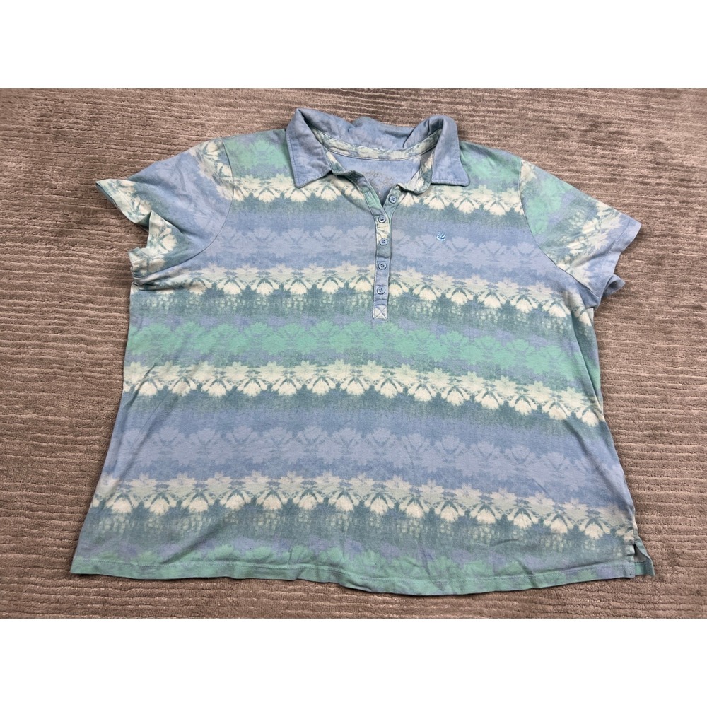 No Boundaries Polo Shirt Women 2X Blue Green Tie Dye Stripe Short Sleeve Casual